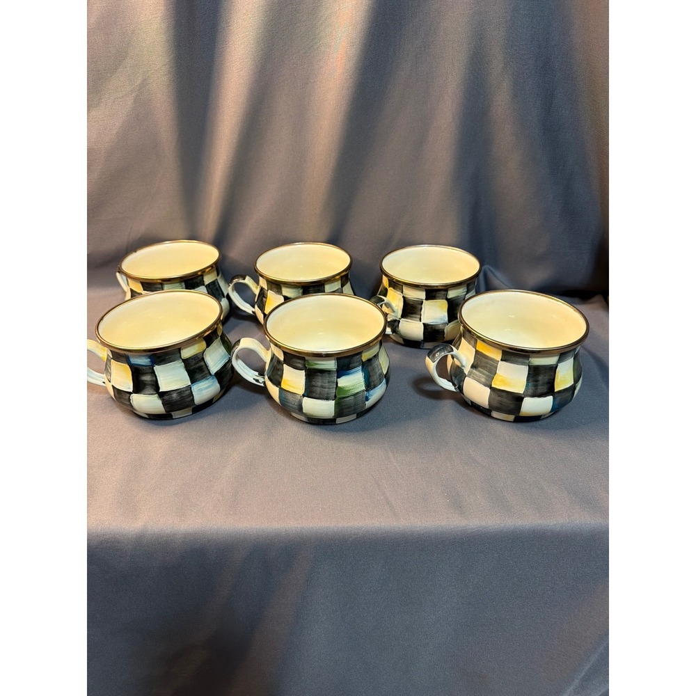 MacKenzie-Childs Courtly Check Enamel Mugs Set of 6 Black White Hand Painted